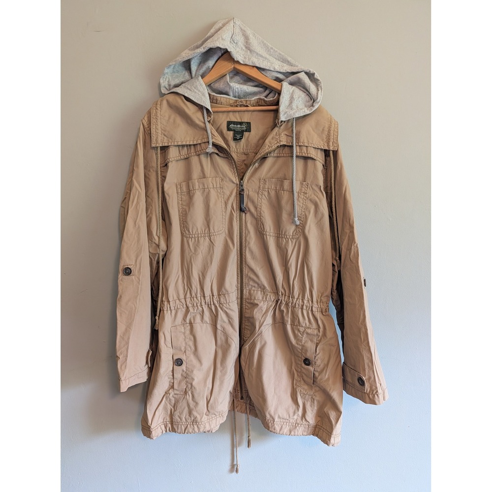 Eddie Bauer Tan Cotton Utility Jacket Grey Hooded Drawstring XXL Khaki READ